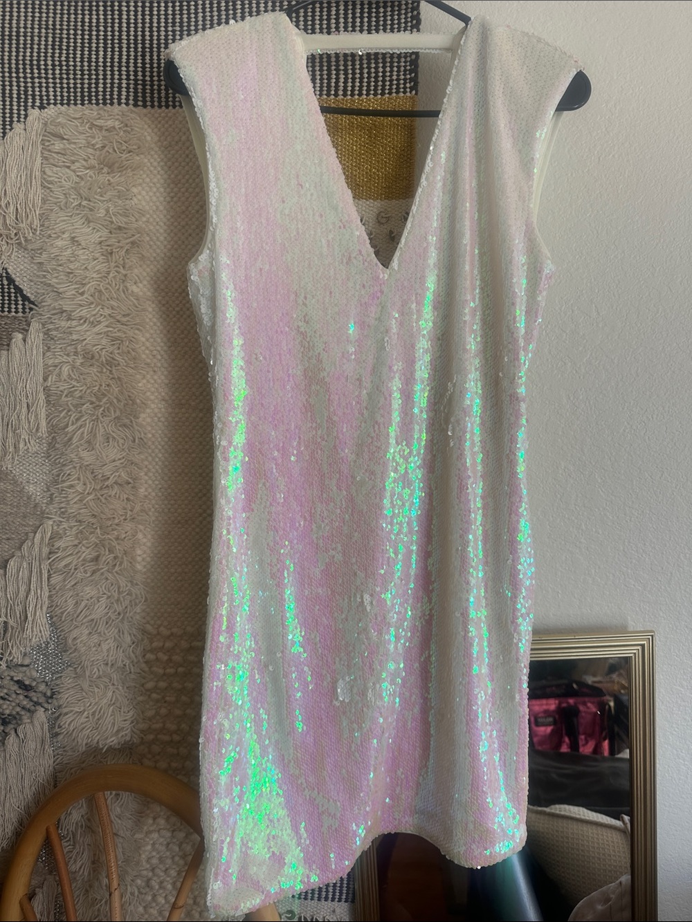 Iridescent White Sequin V-Neck Mini Dress size M